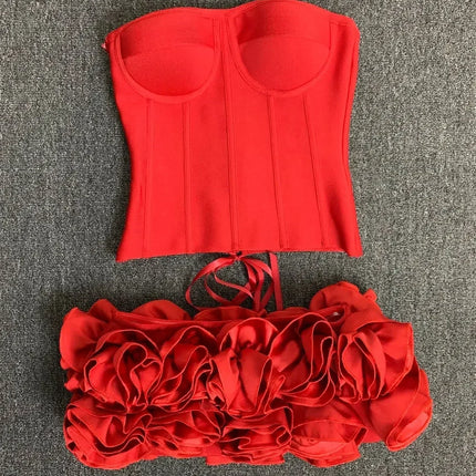 Women Red Evening Bandage Dress Hot Strapless Bodycon Flowers Hem Laced Up Mini Celebrity Birthday Party Dresses One Piece Gala