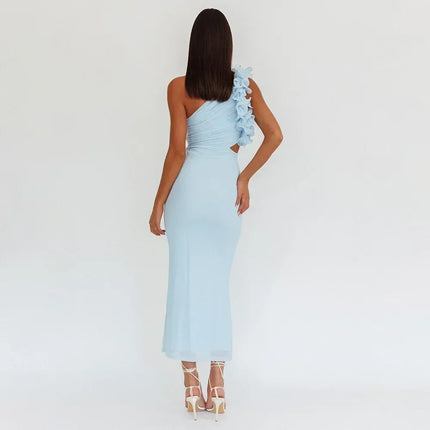 Articat Elegant Sleeveless Slant Shoulder Flower Dress Women Spring/Summer 2025 Sexy Mesh Wrap Hip Dress Party Evening Dress