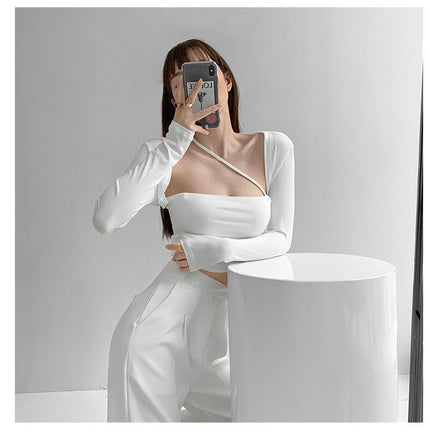 Cropped Tops Women Square Collar Slanted Shoulder Straps Halter Neck Long Sleeve T-shirt