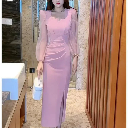 Gentle Temperament Slim Fit Dress with Women's Sleeves Square Neckline Pleated Solid Color Slimming Effect Medium Length Skirt