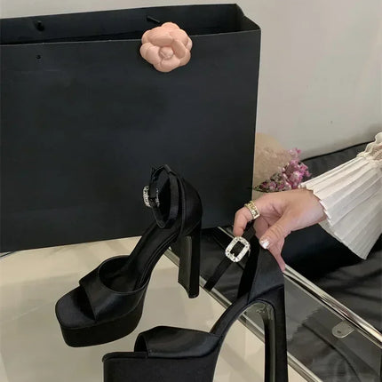 Liyke Runway Style Black High Heels Platform Sandals For Women Cozy Silk Square Toe Buckle Strap Lady Party Dress Shoes Size 40