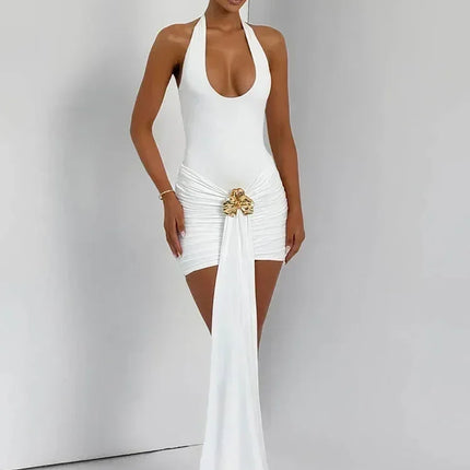 Mozision Metal Flower Draped Ruched Sexy Mini Dress Women Robe Fashion Halter Backless Sleeveless Bodycon Club Party Dress New