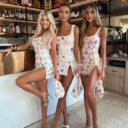 Colorful Rhombus Sequins Sexy Mini Dress Elegant Chic Straps Slit Bodycon Party Dresses Summer Holidays Evening Women Dress 2025