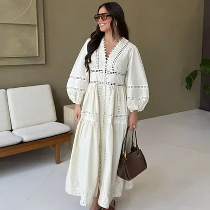 Elegant Lace Patchwork Hollow Out Dress Women Solid V-neck Long Lantern Sleeve Loose Dresses 2025 Spring Vacation Lady Robes