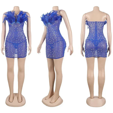 Znaiml Sexy Feathers Rhinestones Backless Diamond Sheer Mesh Bodycon Dresses for Woman Rave Club Birthday Party Night Vestidos