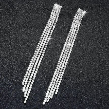 TREAZY Shiny 4 Lines  Rhinestone Crystal Tassel Long Earrings for Women Wedding Party Hanging Dangle Earrings Bridal Brincos
