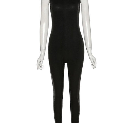 PU Leather Sleeveless Turtleneck Zipper Women Jumpsuit 2022 Casual Street Style Sports Fitness