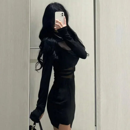 Pile Up Sleeves New Sexy Black Fishbone Dress Personalized Slim Women Dress Thin Gauze Perspective Wrap Around Buttocks  F8Q3