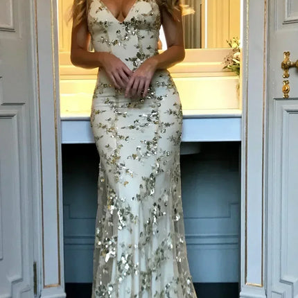 Women Dresses Sleeveless V Neck Pullover Sequins Party Dress Vestidos Formal Floor Length Sexy Wrap Breast Backless Slim