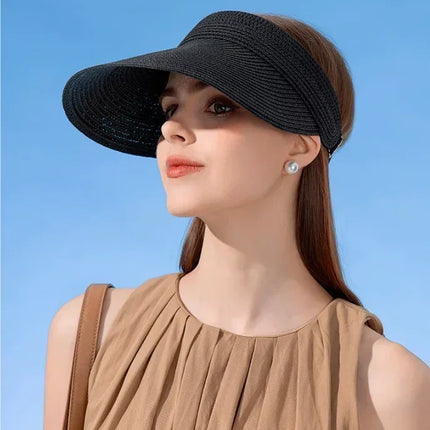Spring and Summer Women's Outdoor Sunshade  Straw Hat Fashion Empty Top  Duck Tongue Hat Big Brim Cap G37