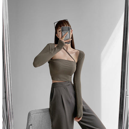 Cropped Tops Women Square Collar Slanted Shoulder Straps Halter Neck Long Sleeve T-shirt