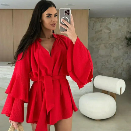 Elegant Fold Dress Women Brown Deep V-neck Long Sleeve Mini Dresses Female 2025 Spring Summer Fashion Loose Lady Vestidos