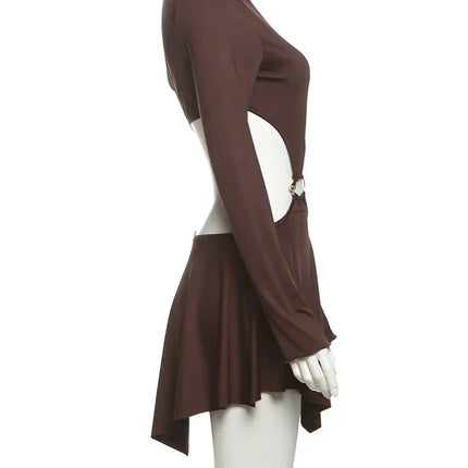 Whatiwear Hollow Waistless Dress Women Skew Collar Off Shoulder Full Sleeve Rings Patchwork Ruched Elegant Fashion Mini Bodycon