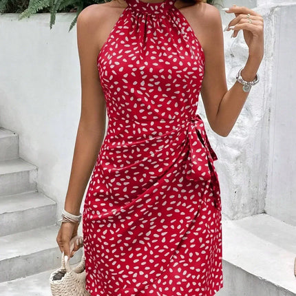 Women's Summer Fashion Hanging Neck Zipper Sleeveless Floral Pleated Short Dress Sexy Off Shoulder Lace-Up Mini Dress Vestidos
