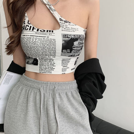 Newspaper Print Camisole Women Slanted Shoulder Hollow Sleeveless Tops Beautiful Back Woman
