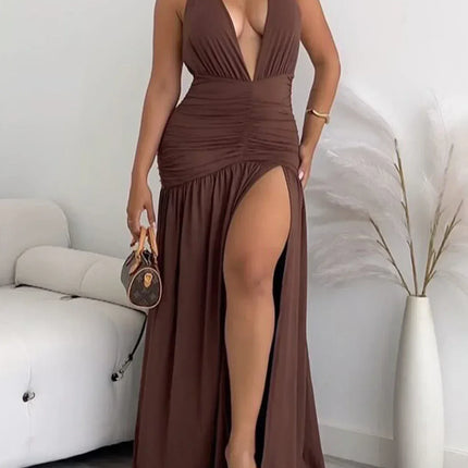 2025 Summer New Product Mature and Elegant Neck Hanging Deep V Chest Exposed Folded Waist High Split Design Backless Dress