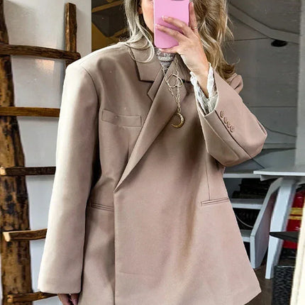Women's V-Neck Side-Buttoned Suit Jacket Long Sleeve Solid Color Coats Pocket Cuffs Oversize Tops High Street Female Clothes