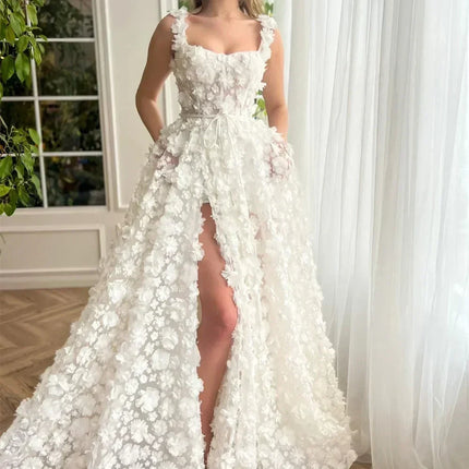 Kyoto Beige Wedding Dress | 3D Flower Lace-Up Back Gown -femstylo