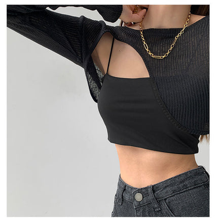 Hollow Smock T Shirt Women Summer Thin Irregular Long Sleeve Knitted