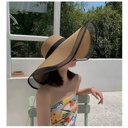 Women Sun Hat Big Eaves Waves Beach Cap Ladies Hat Big Brim Sun Visors UV Cut Bucket Panama Cap Foldable Straw Sunscreen Vintage