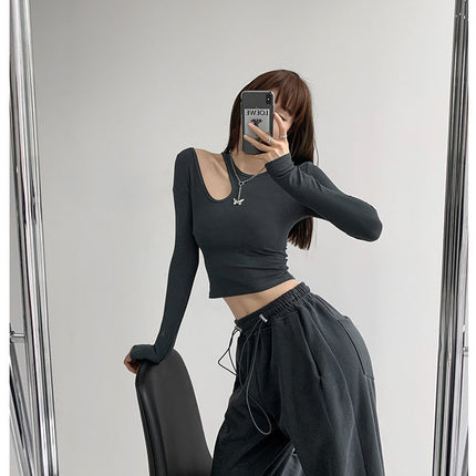Hollow T-shirt Women Fashion Slim Y2K Cropped Tops Off Shoulder Long Sleeve Tees Woman