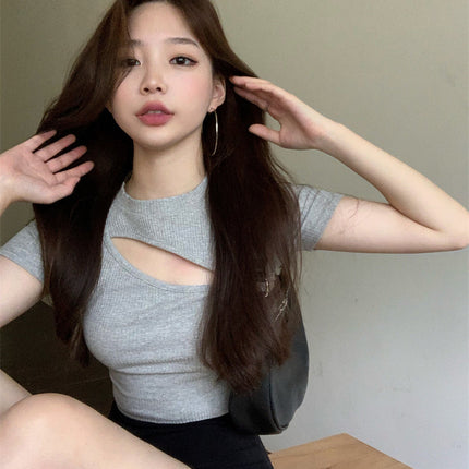 T Shirt Women Summer Hollow Crewneck Cropped Tops Irregular Tight Fitting Short Sleeve