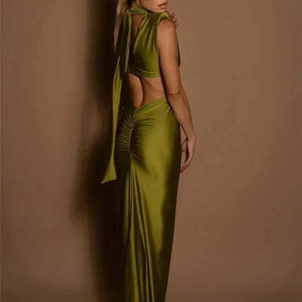 Mozision Hollow Out Turtleneck Sexy Maxi Dress For Women Fashion Solid Sleeveless Bodycon Tank Dresses Femme Club Party Dress