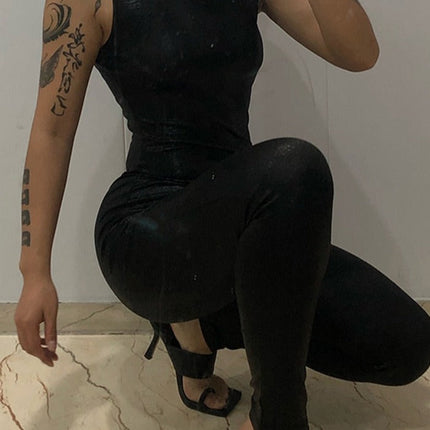 PU Leather Sleeveless Turtleneck Zipper Women Jumpsuit 2022 Casual Street Style Sports Fitness