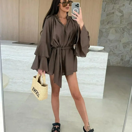 Elegant Fold Dress Women Brown Deep V-neck Long Sleeve Mini Dresses Female 2025 Spring Summer Fashion Loose Lady Vestidos