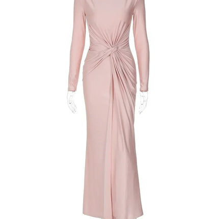 Dulzura Long Sleeves Shoulder Pad Ruched Maxi Dress Solid Elegant Prom Evening Party Long Dress Women’S Autumn Winter Outfit