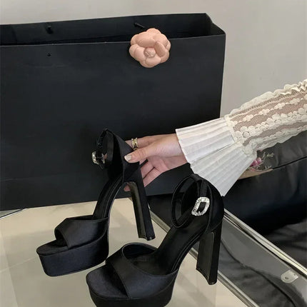 Liyke Runway Style Black High Heels Platform Sandals For Women Cozy Silk Square Toe Buckle Strap Lady Party Dress Shoes Size 40