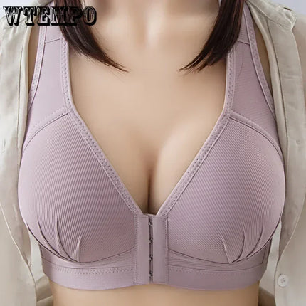 WTEMPO Plus Size Thin Non-steel Ring Front Buckle Cotton Bra Gathered Comfortable Underwear Soft Collection lingerie