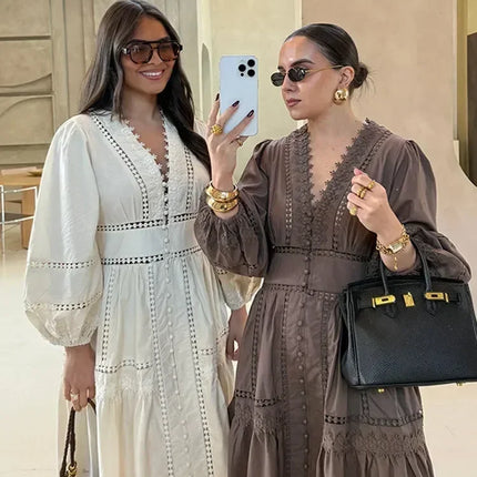 Elegant Lace Patchwork Hollow Out Dress Women Solid V-neck Long Lantern Sleeve Loose Dresses 2025 Spring Vacation Lady Robes