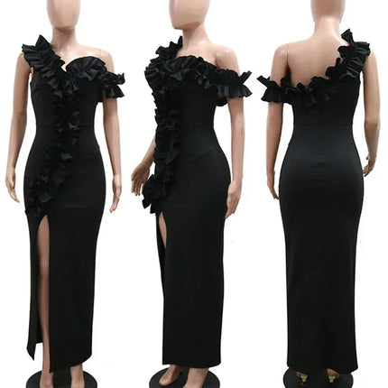 Sexy Night Sleeveless Off Shoulder Wooden Ear Edge Ruffles Bodycon Split Red Midi Dress Women Evening Birthday Party Vestidos