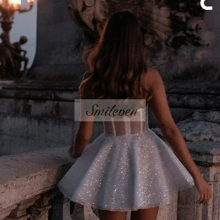 Smileven Short Wedding Dress A Line Sweetheart Neck Shiny Glitter Bride Dresses Mini Sweetheart Neck Vestido de novia Customized