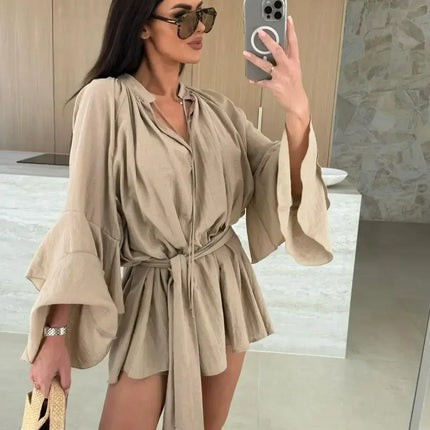 Elegant Fold Dress Women Brown Deep V-neck Long Sleeve Mini Dresses Female 2025 Spring Summer Fashion Loose Lady Vestidos