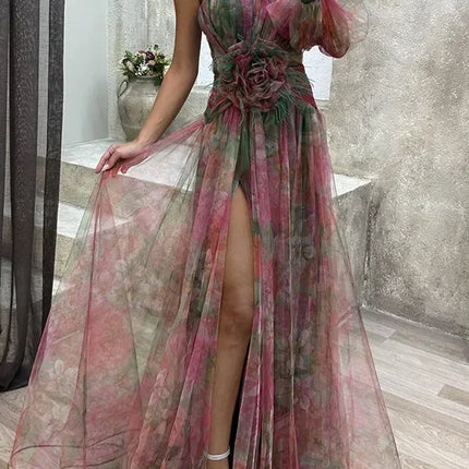 Elegant Oblique Shoulder Single-sleeve  Zipper High Slit Mesh Long Dress For Women Fashion Flower Decoration Party Dress Female