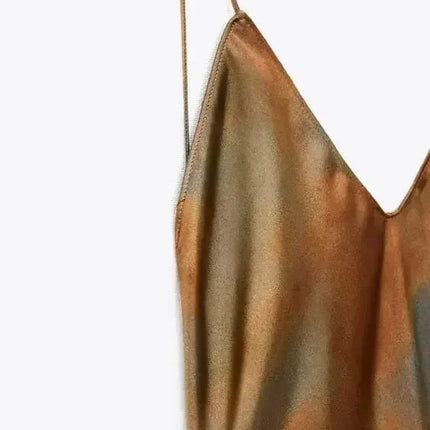 2025 Summer New Women's Open Back Sleeveless Dress Fashion Satin Mid Length Dress Printed Sexy V Neck Sling Dress