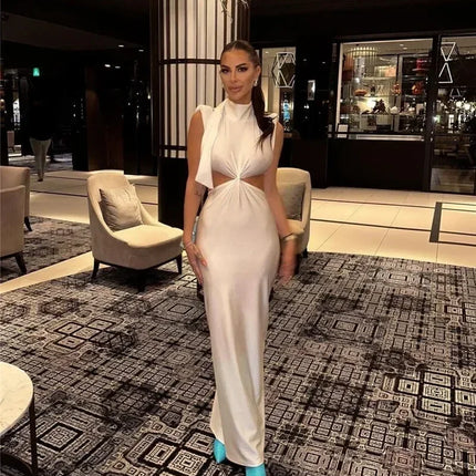 Mozision Hollow Out Turtleneck Sexy Maxi Dress For Women Fashion Solid Sleeveless Bodycon Tank Dresses Femme Club Party Dress
