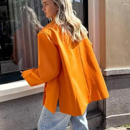 Women's V-Neck Side-Buttoned Suit Jacket Long Sleeve Solid Color Coats Pocket Cuffs Oversize Tops High Street Female Clothes