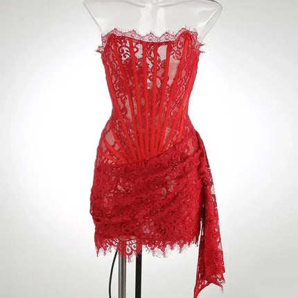 TARUXY Sexy Lace See-through Patchwork Corset Dress Female Bodycon Elegant Party MIrrgualr Mini Dress Women Tube Top Dress New