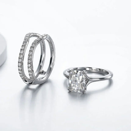 DEZO 4.05cttw All Moissanite S925 Silver Wedding Ring Sets for Women Main Stone 3ct Radiant Cut D Color GRA Certificate