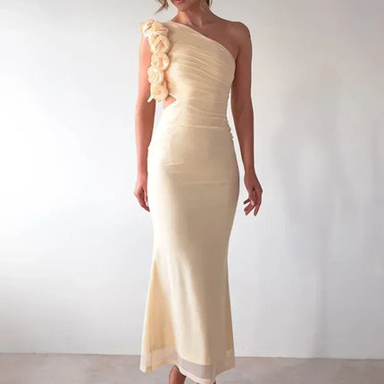 Articat Elegant Sleeveless Slant Shoulder Flower Dress Women Spring/Summer 2025 Sexy Mesh Wrap Hip Dress Party Evening Dress