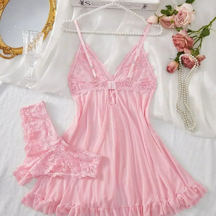 Sexy Lingerie Set Women Erotic Bra Nightdress Sexy Lace Sleepwear Solid Slim Soft Dresses V Neck Full Slip Sleepwear & Dresses