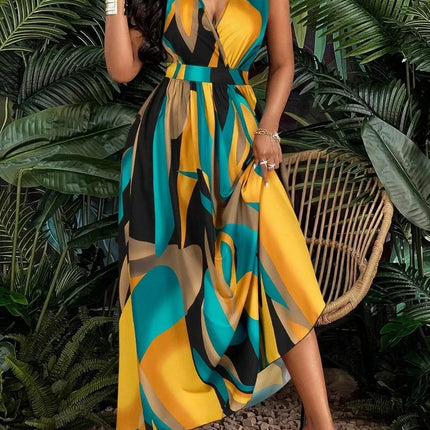 Women's sleeveless V-neck floor-length dress with abstract prints - fashionable for beach and casual occasions