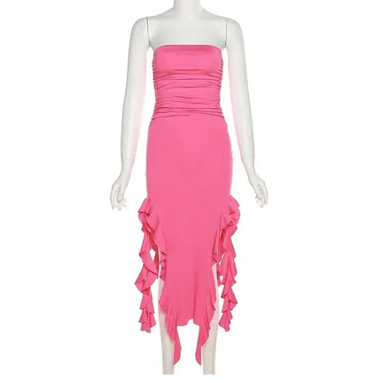 Cryptographic Irregular Ruffle Off Shoulder Sexy Backless Midi Dress for Women Elegant Birthday Vestido Summer Sundresses Ruched