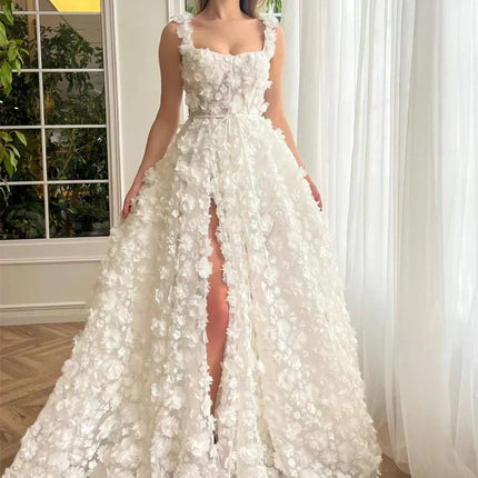 Kyoto Beige Wedding Dress | 3D Flower Lace-Up Back Gown -femstylo