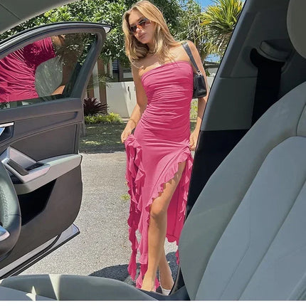 Cryptographic Irregular Ruffle Off Shoulder Sexy Backless Midi Dress for Women Elegant Birthday Vestido Summer Sundresses Ruched