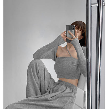 Cropped Tops Women Square Collar Slanted Shoulder Straps Halter Neck Long Sleeve T-shirt