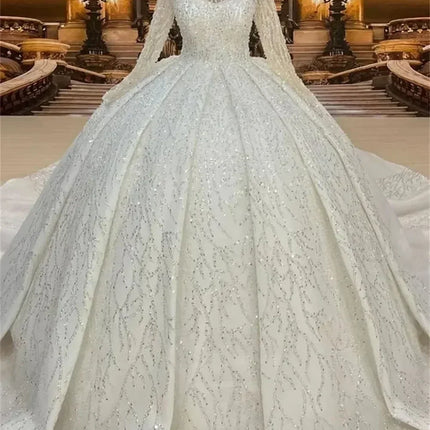 Custom High Neck Ball Gown Wedding Dress | Beaded Arabic Gown - Femstylo